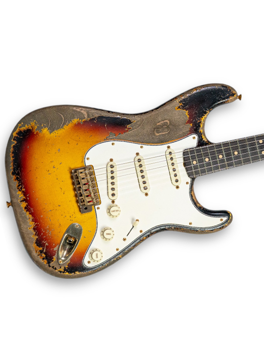 FD-63-STRAT-HVY-3TS-MBDW-02 Fender 1963 Stratocast Heavy Relic 3 Tone Sunburst Masterbuilt by Dale Wilson